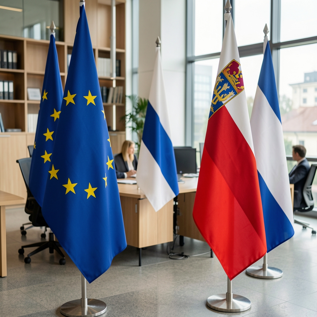 Зграда Европске комисије у Бриселу са заставама ЕУ и Србије, симбол европских интеграција у области енергетике
