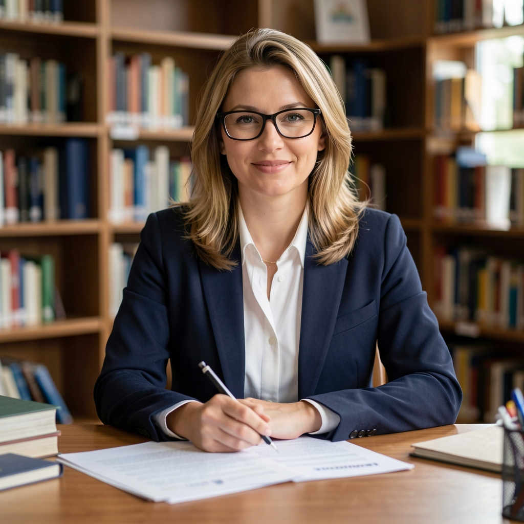 Жена са наочарима, научни сарадник, сеђење са документима о енергетском законодавству на радном столу у библиотечком амбијенту